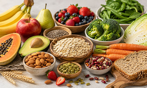 Berbagai pilihan makanan tinggi serat dan nutrisi seimbang, termasuk rolled oats, kacang almond, biji labu, alpukat, pepaya, brokkoli, wortel, dan roti gandum utuh.