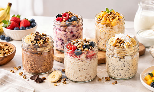 Berbagai overnight oats lezat dengan topping buah segar dan olahan gandum dipanggang untuk sarapan pagi