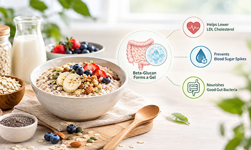 Mangkuk sarapan sehat berisi oats kaya serat beta-glukan dengan topping buah segar dan olahan gandum dipanggang