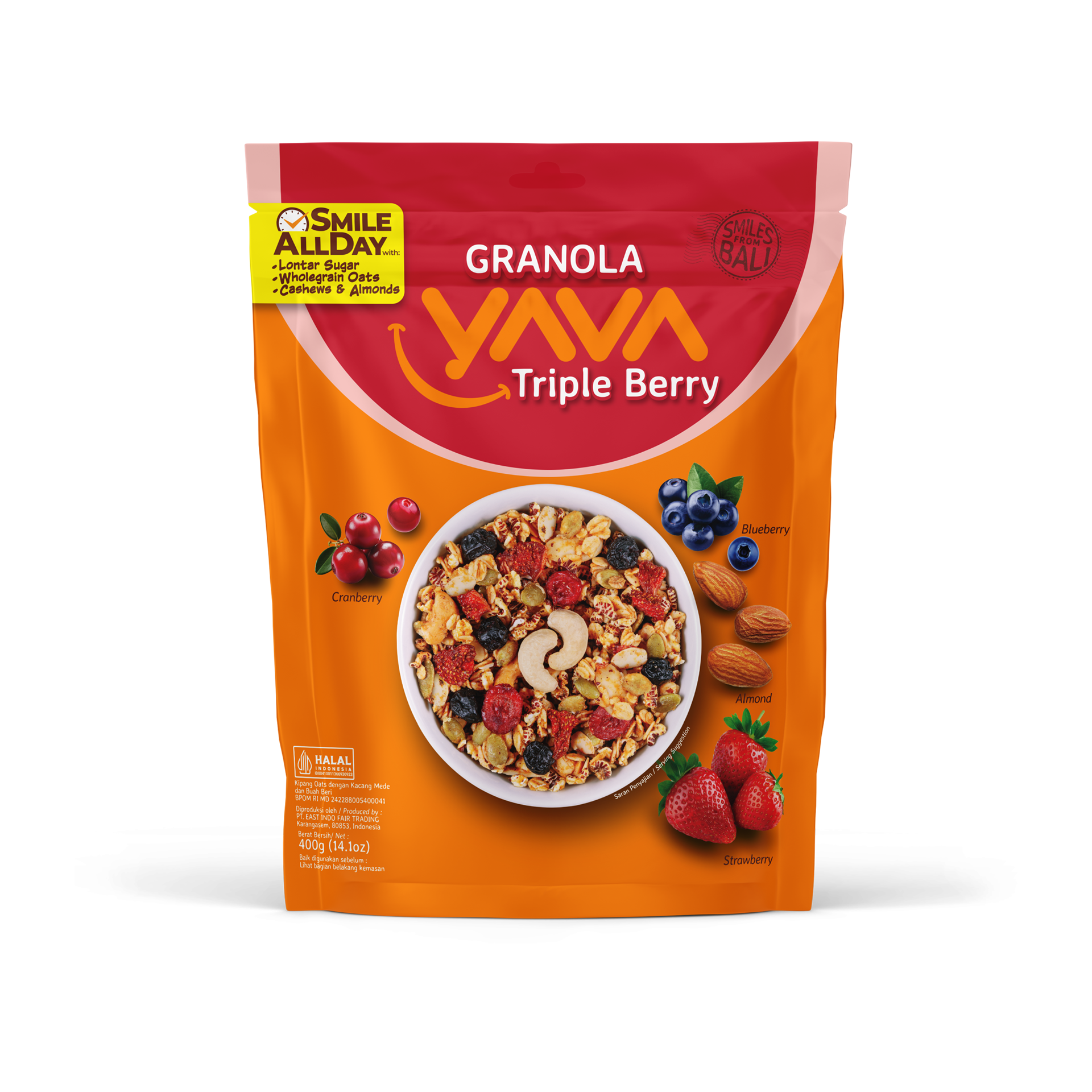 Granola YAVA rasa Triple Berry dengan cranberry, blueberry, stroberi, dan almond.