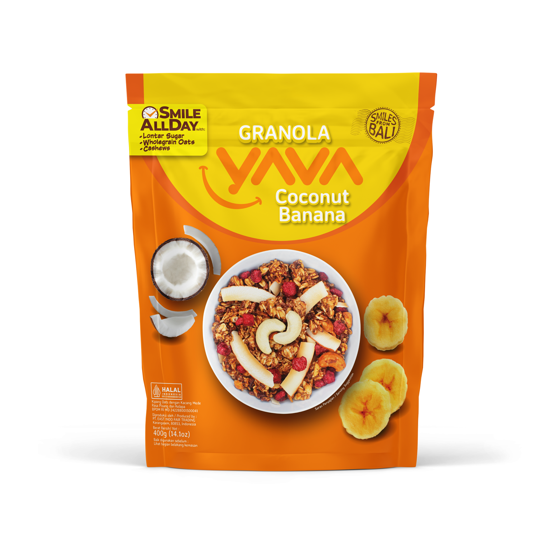 Granola YAVA rasa Coconut Banana dengan kelapa, pisang, dan kacang mete.