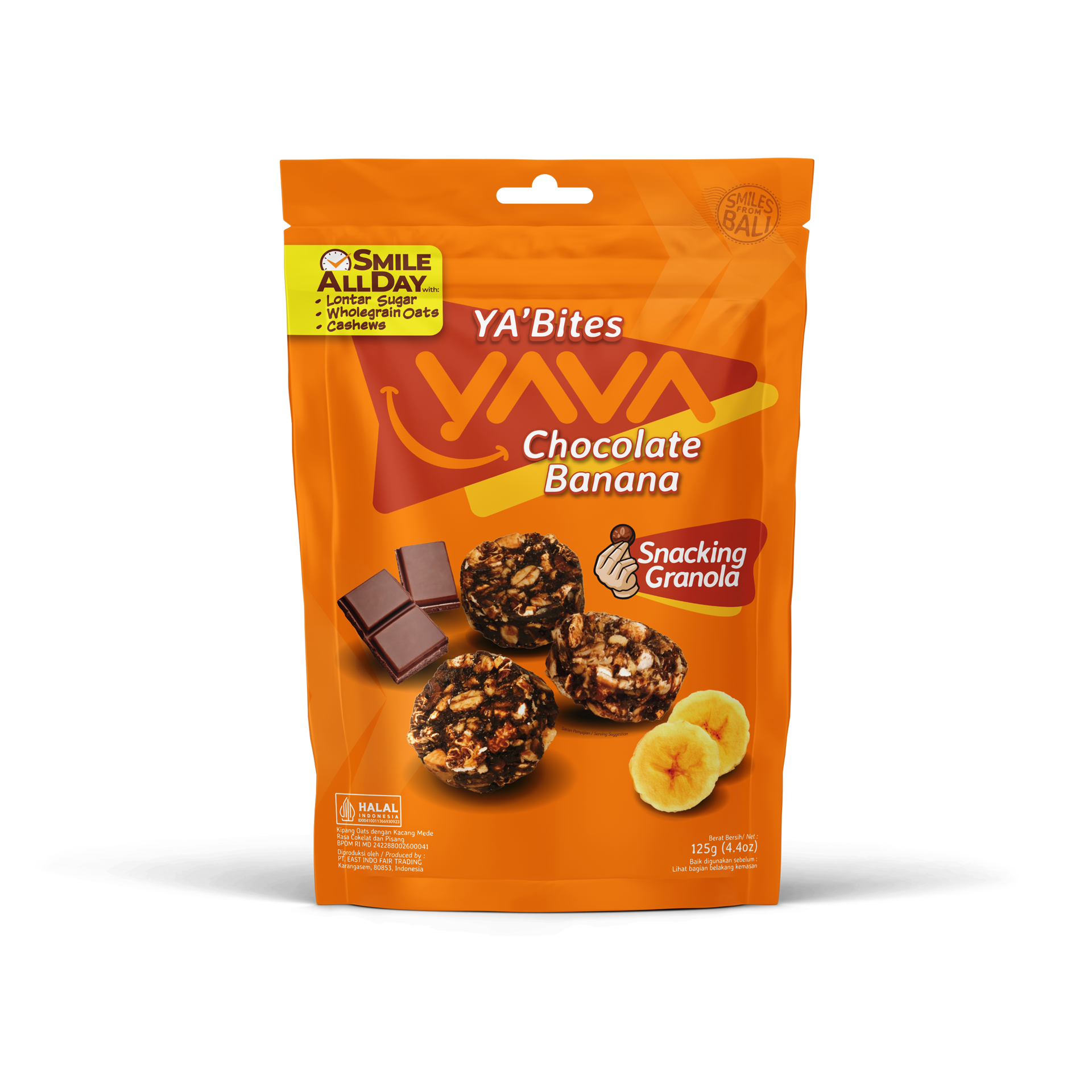 YA’Bites YAVA rasa Chocolate Banana, snacking granola dengan cokelat dan pisang.