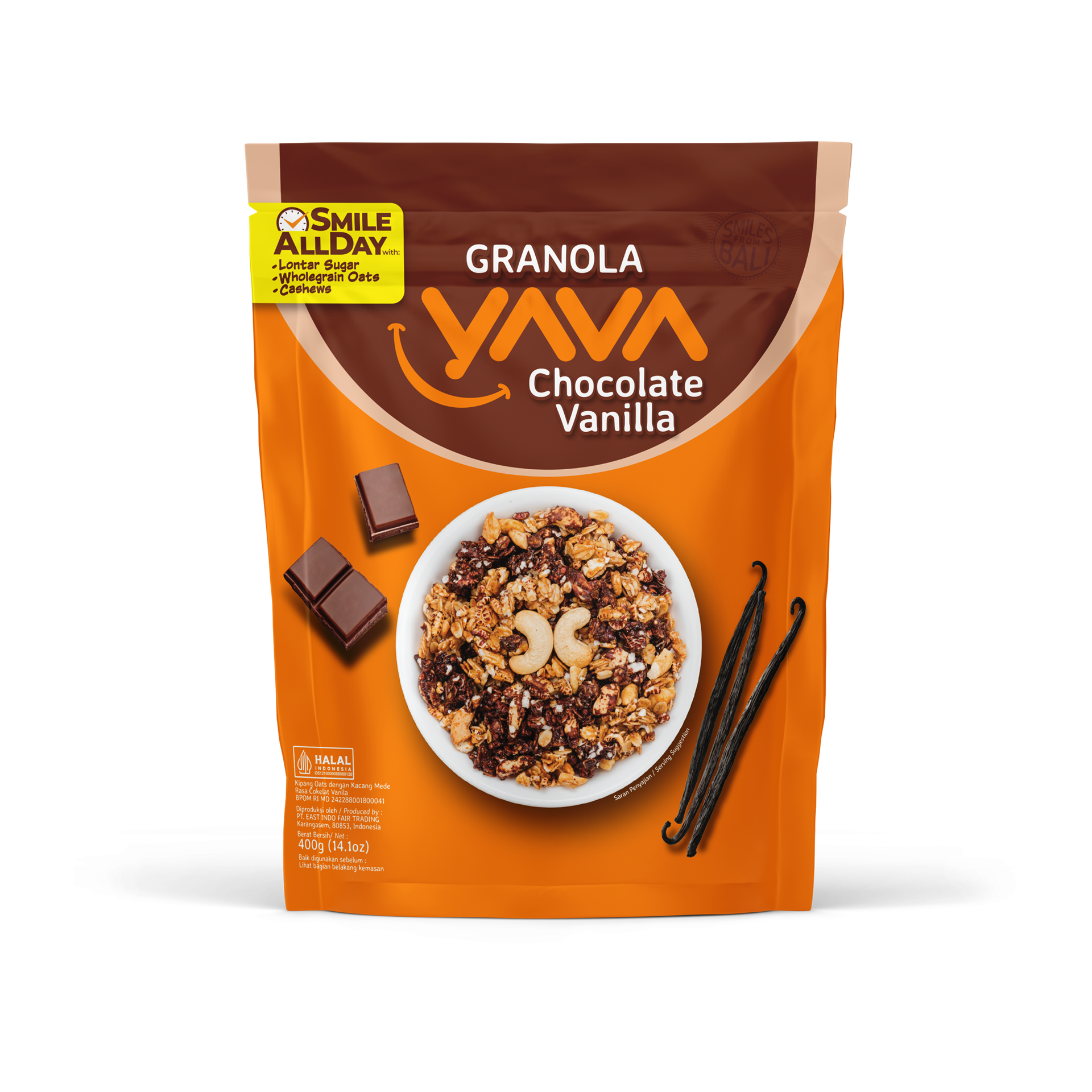 Granola YAVA rasa Chocolate Vanilla dengan cokelat, vanila, dan kacang mete.