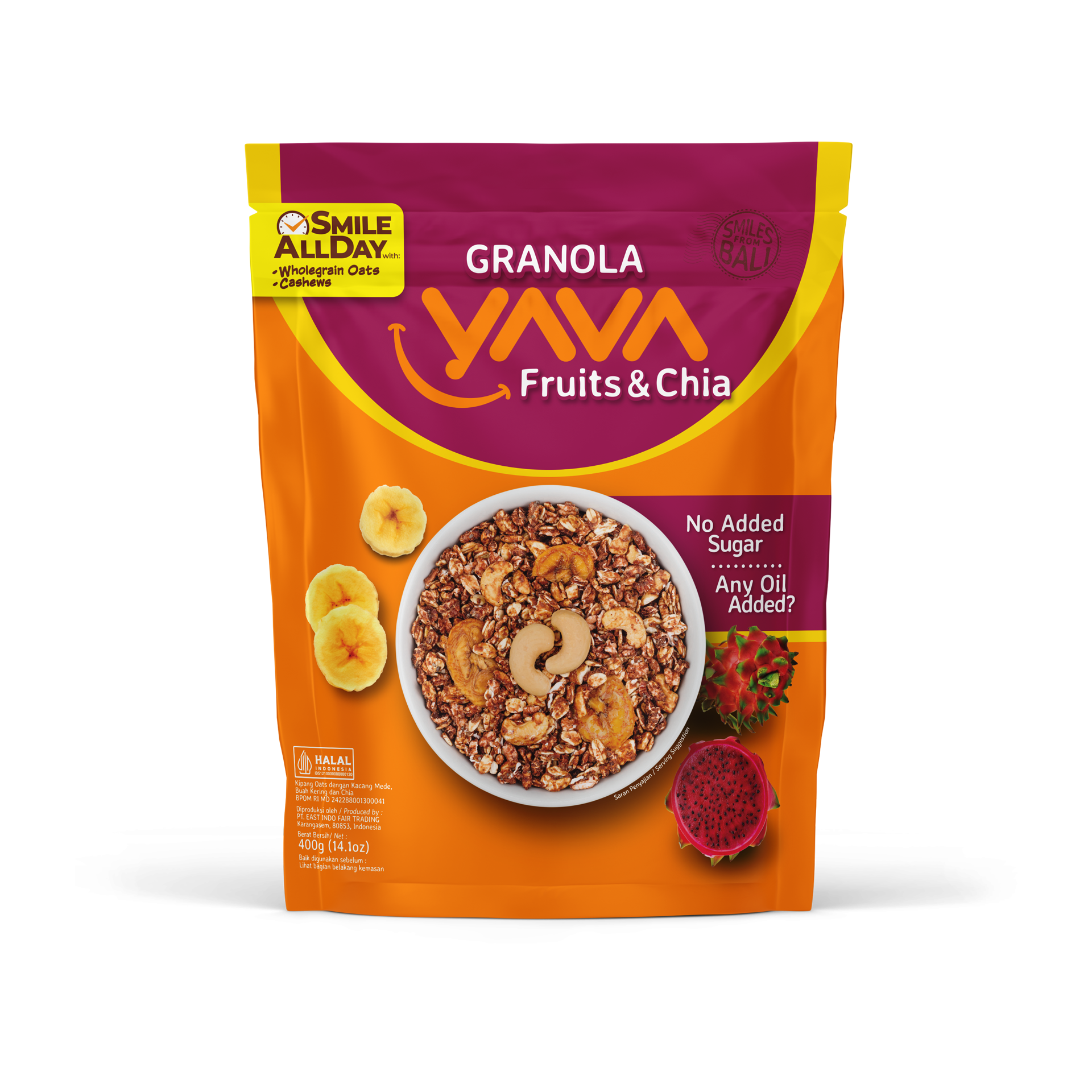 Granola YAVA rasa Fruits & Chia dengan pisang, buah naga, kacang mete, dan biji chia tanpa tambahan gula dan oil