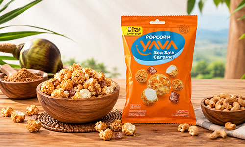 Popcorn YAVA, camilan sehat dan renyah dari biji jagung utuh pilihan dengan manis alami gula lontar dan gurihnya kacang mete Bali.