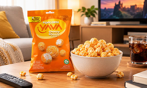Kemasan YAVA Popcorn Cheezy Cheeze Flavor, camilan popcorn vegan rasa keju