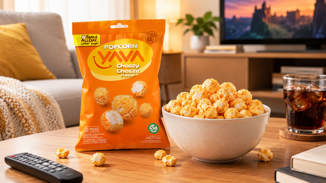 YAVA Popcorn Cheezy Cheeze Flavor – Camilan Vegan Kemasan YAVA Popcorn Cheezy Cheeze Flavor, camilan popcorn vegan rasa keju