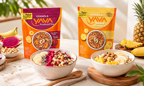 Kemasan YAVA Granola Fruits & Chia dan Banana Pineapple tanpa tambahan minyak dan gula