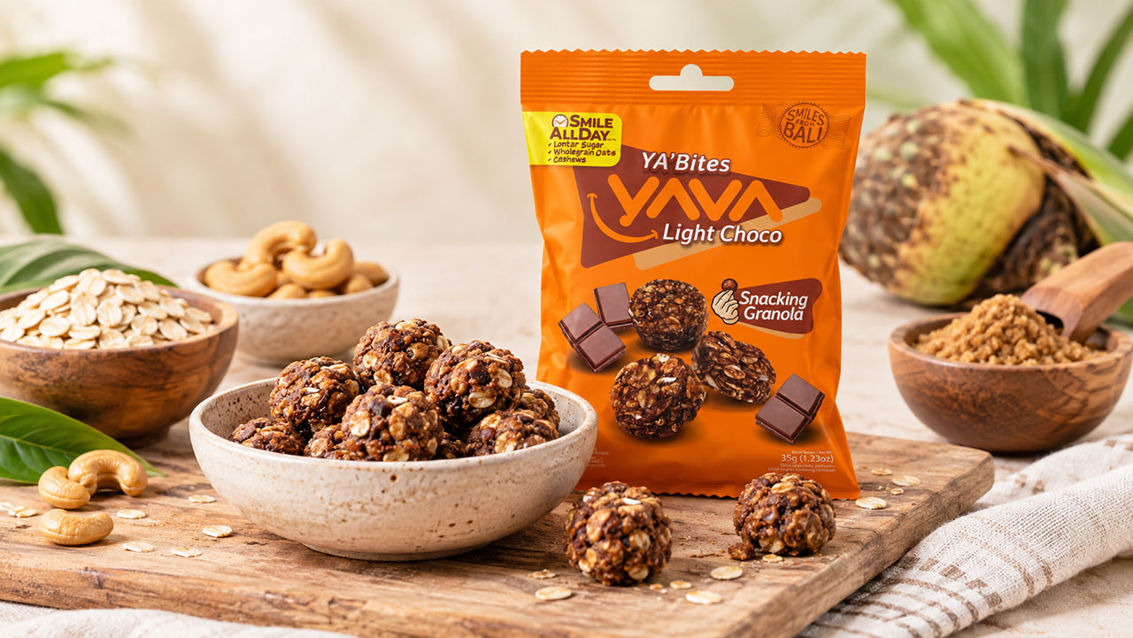 YA’Bites YAVA, camilan granola mini renyah berbentuk bulat dari rolled oats, kacang mete Bali, dan pemanis alami gula lontar.