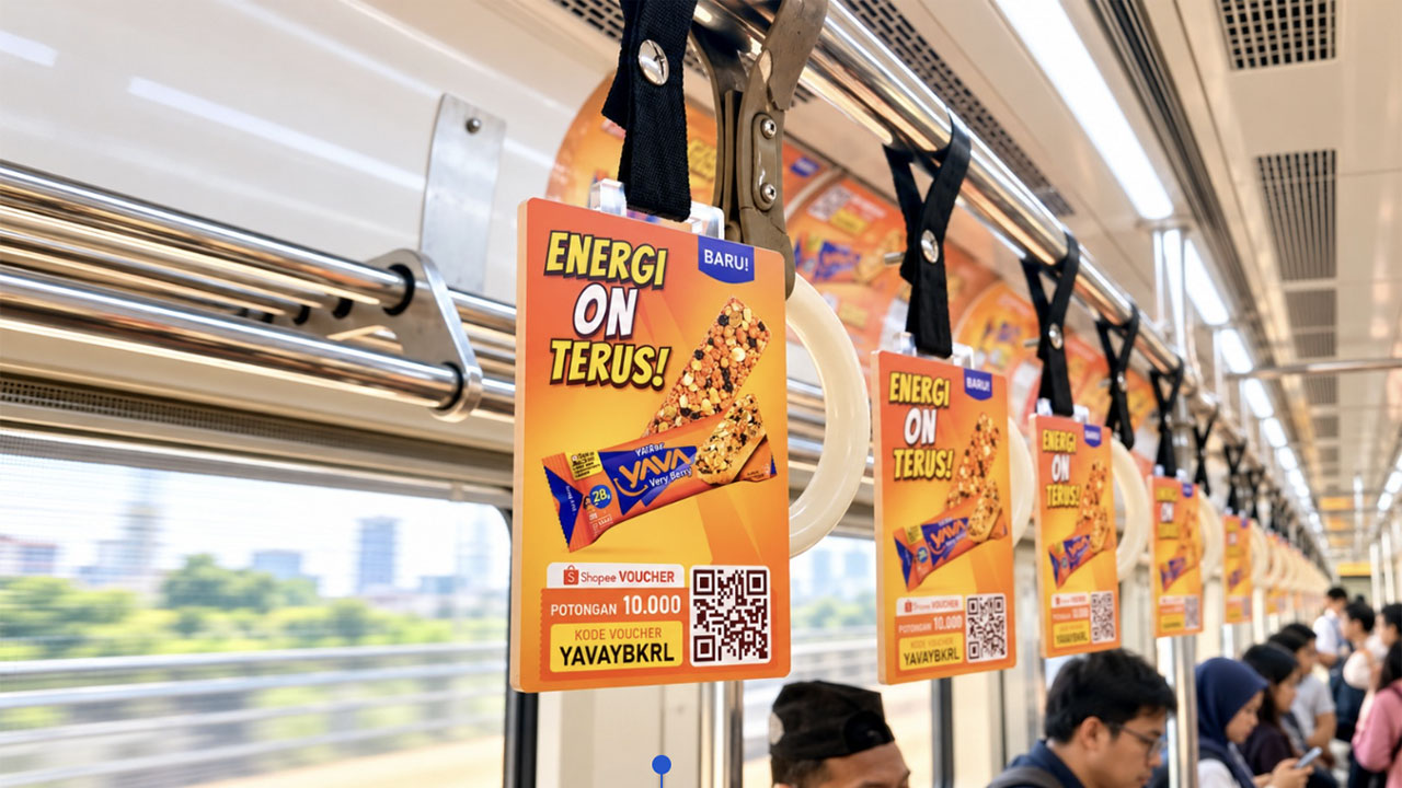 Gantungan promosi YAVA YA'Bar di gerbong KRL yang menampilkan kode voucher diskon Shopee. Gantungan promosi YAVA YA'Bar di gerbong KRL yang menampilkan kode voucher diskon Shopee.